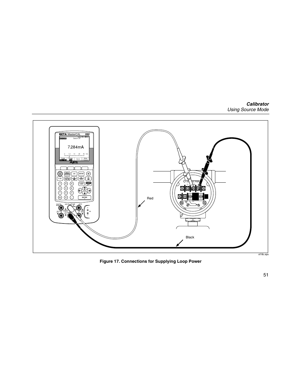 Calibrator using source mode 51, Figure 17. connections for supplying loop power, Black | Martel Electronics MasterCAL User Manual | Page 61 / 140