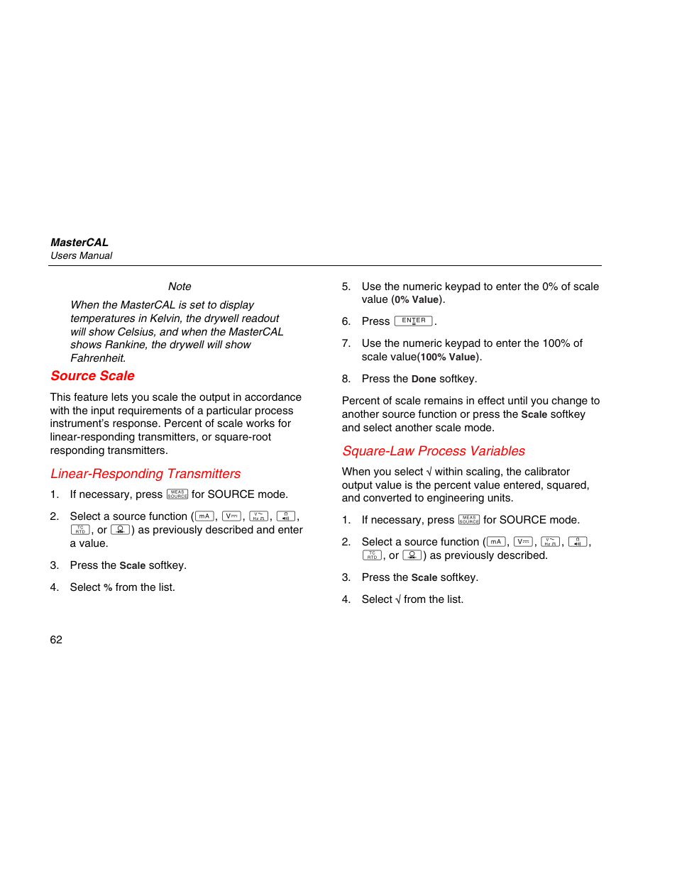 Source scale, Linear-responding transmitters, Square-law process variables | Martel Electronics MasterCAL User Manual | Page 72 / 140