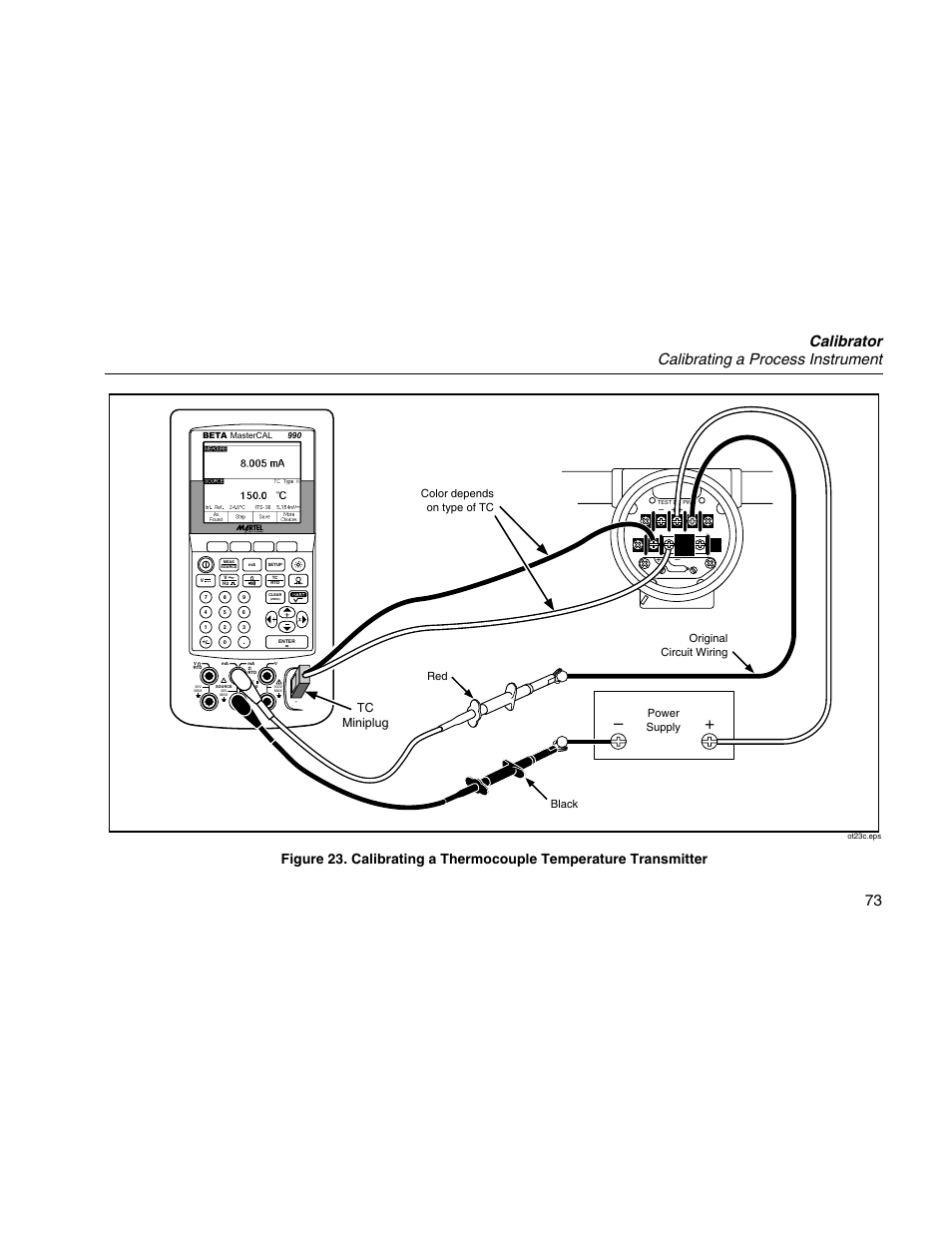 Calibrator calibrating a process instrument 73, Tc miniplug, Black power supply | Martel Electronics MasterCAL User Manual | Page 83 / 140