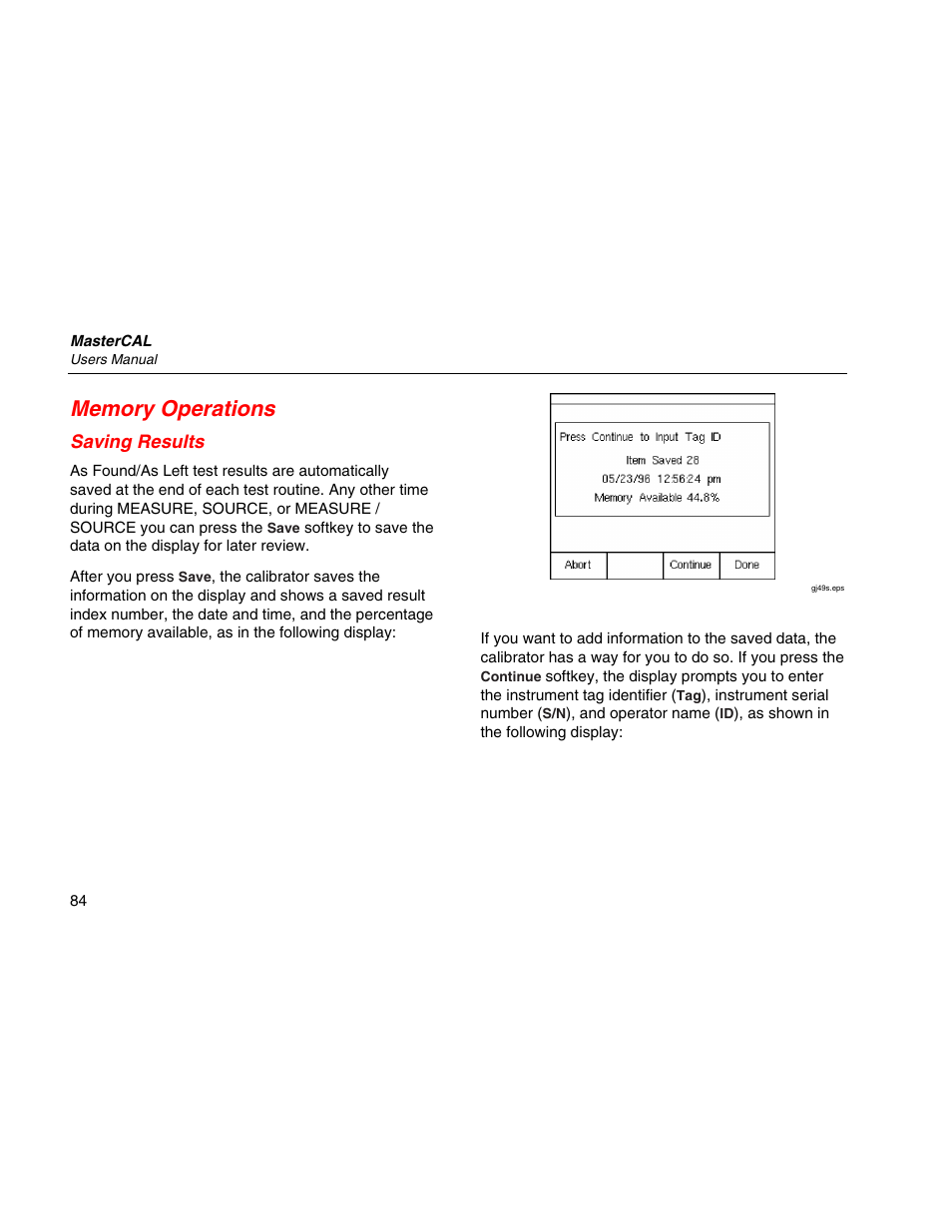 Memory operations, Saving results | Martel Electronics MasterCAL User Manual | Page 94 / 140