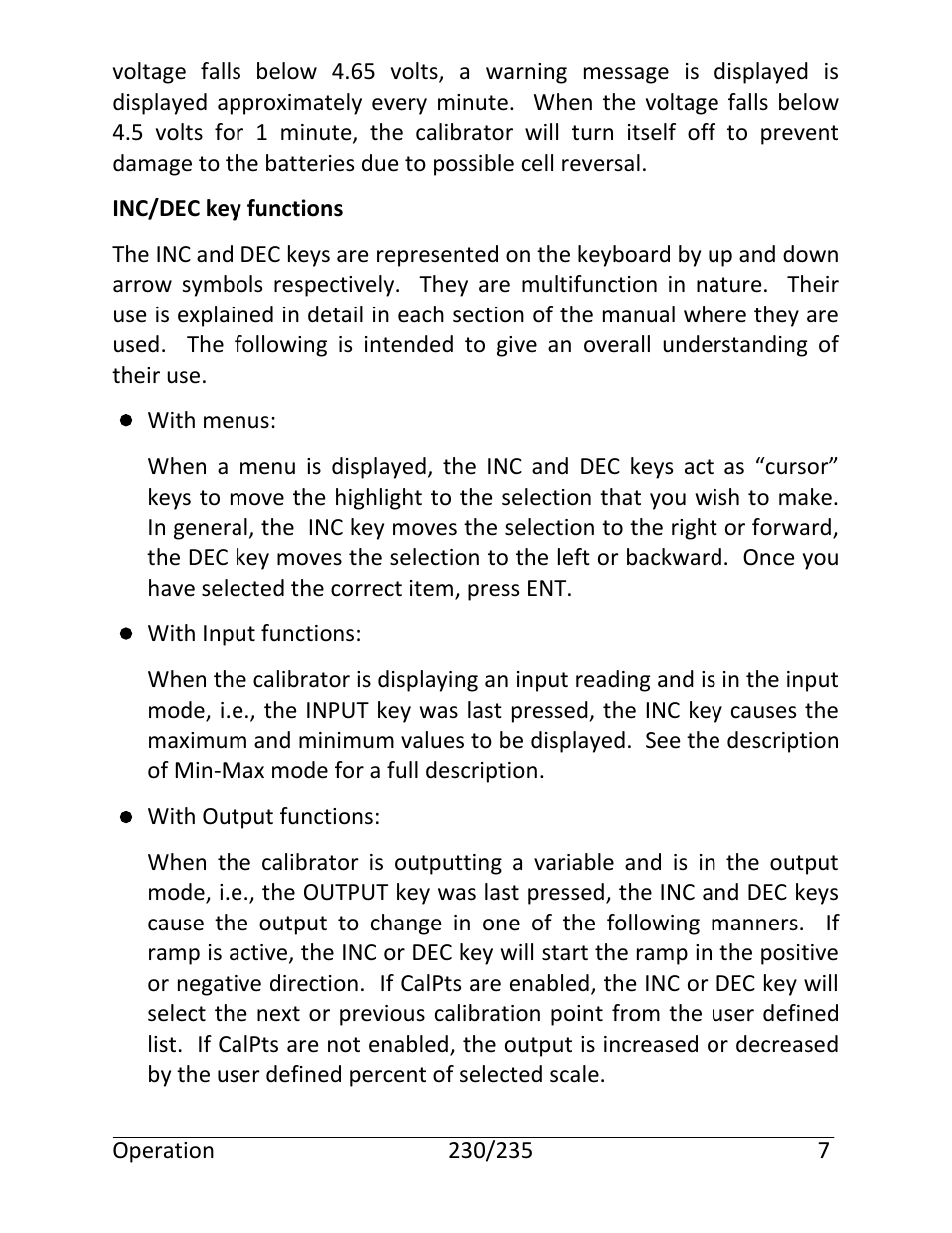 Inc/dec key functions, With menus, With input functions | With output functions | Martel Electronics 235 User Manual | Page 12 / 106