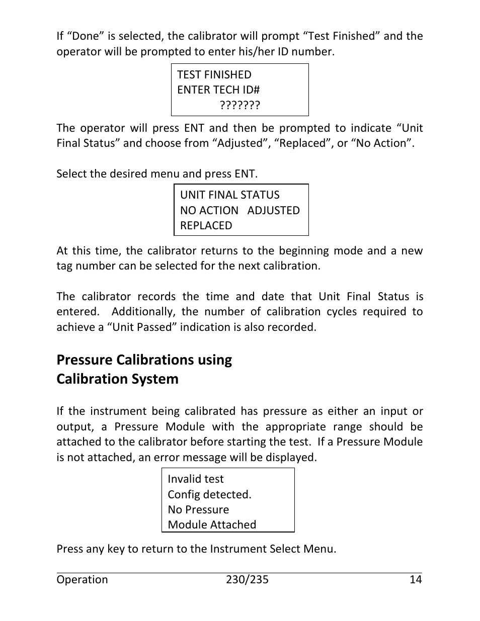 Pressure calibrations using calibration system | Martel Electronics 235 User Manual | Page 19 / 106