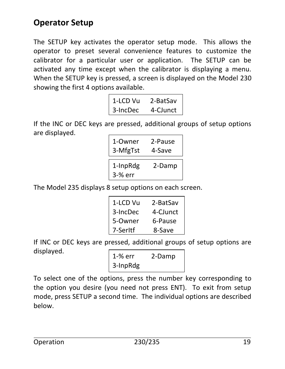 Operator setup | Martel Electronics 235 User Manual | Page 24 / 106
