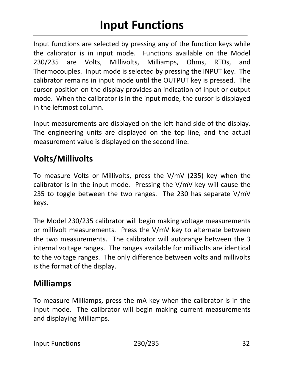 Input functions, Volts/millivolts, Milliamps | Martel Electronics 235 User Manual | Page 37 / 106