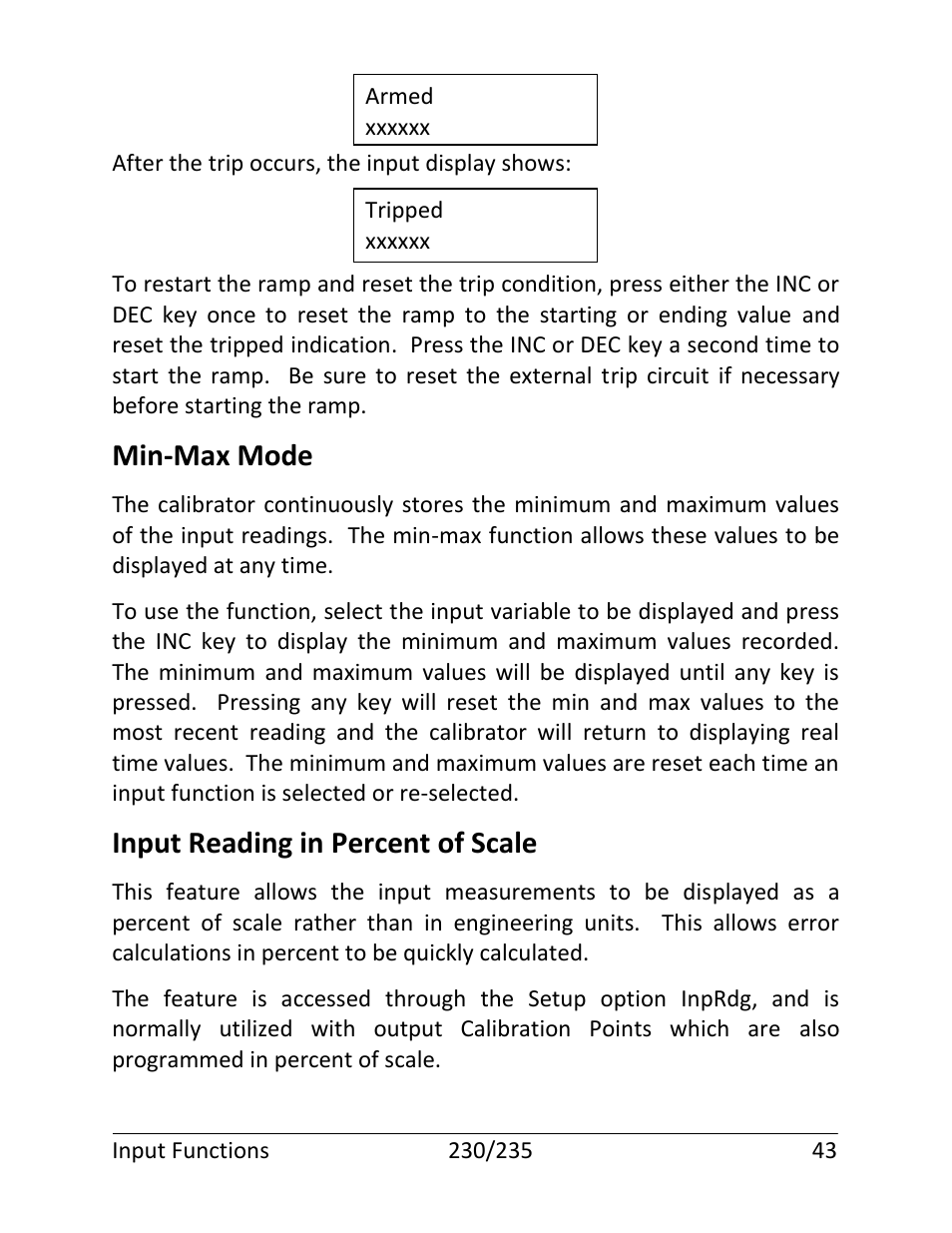 Min-max mode, Input reading in percent of scale | Martel Electronics 235 User Manual | Page 48 / 106