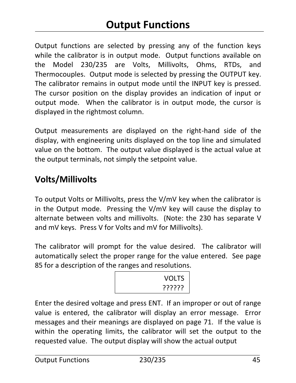 Output functions, Volts/millivolts | Martel Electronics 235 User Manual | Page 50 / 106