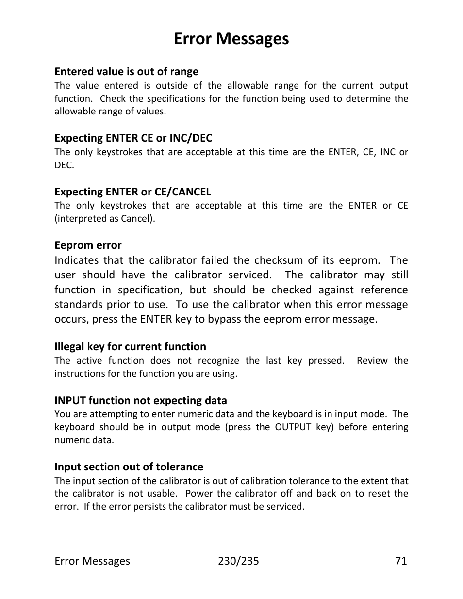 Error messages | Martel Electronics 235 User Manual | Page 76 / 106
