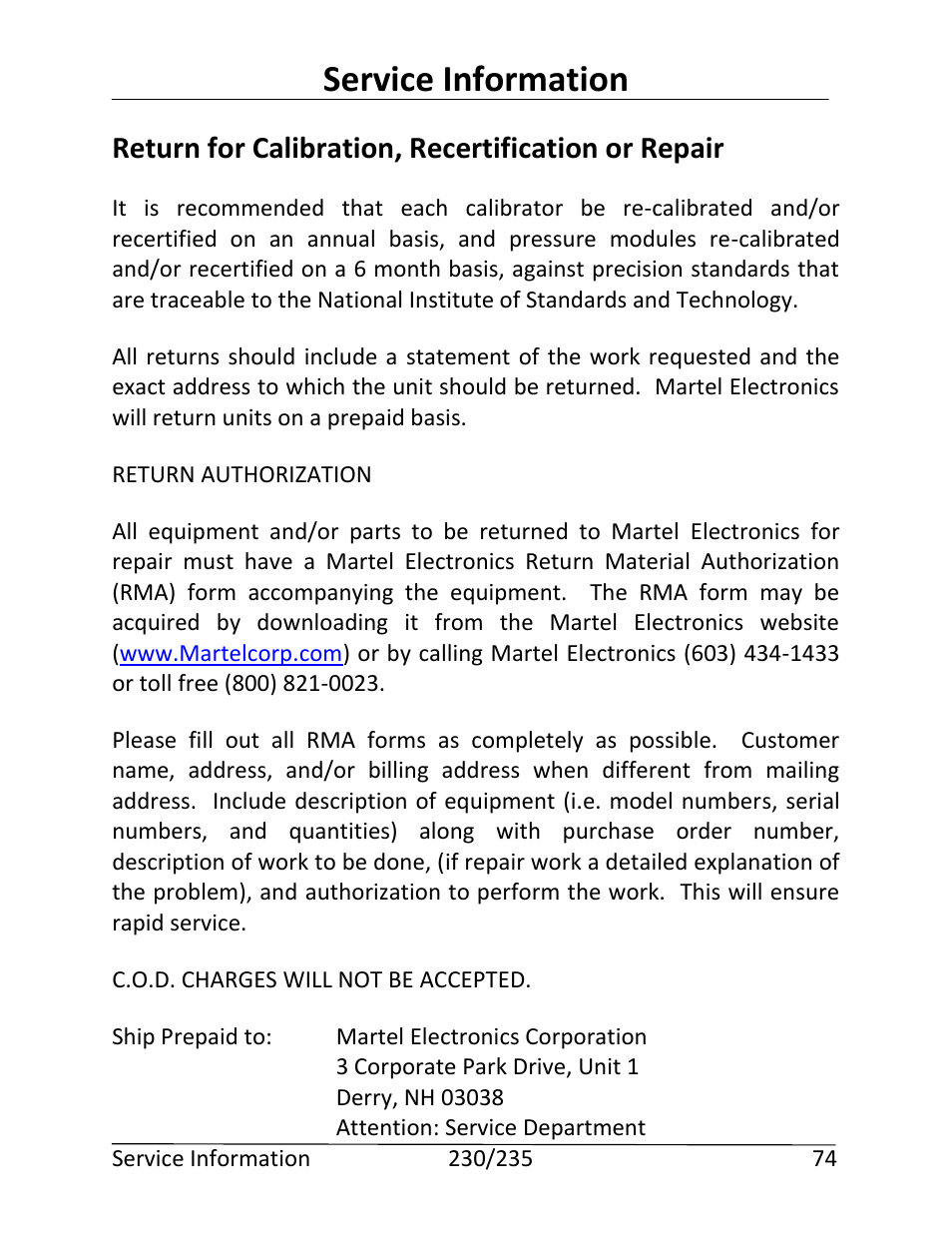 Service information, Return for calibration, recertification or repair | Martel Electronics 235 User Manual | Page 79 / 106