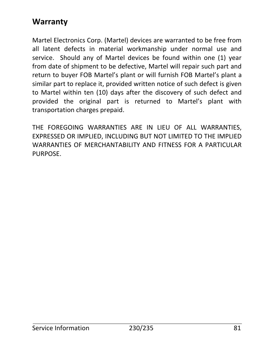 Warranty | Martel Electronics 235 User Manual | Page 86 / 106