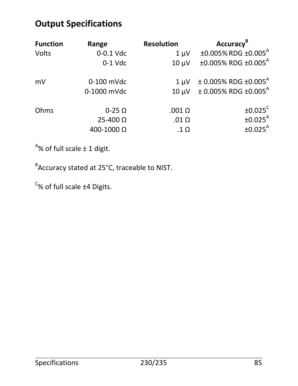 Output specifications | Martel Electronics 235 User Manual | Page 90 / 106