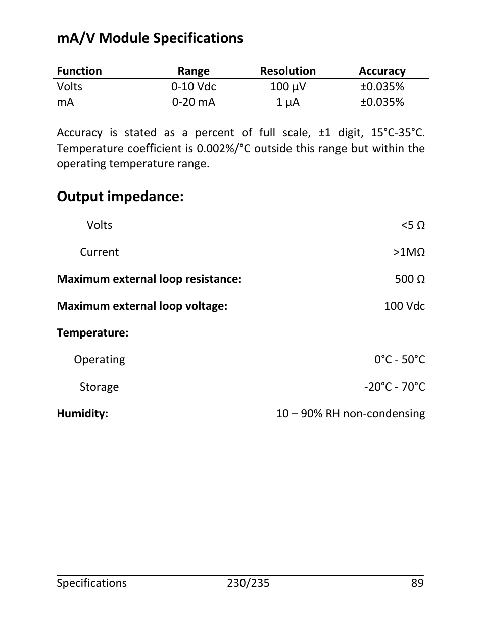 Ma/v module specifications, Output impedance | Martel Electronics 235 User Manual | Page 94 / 106