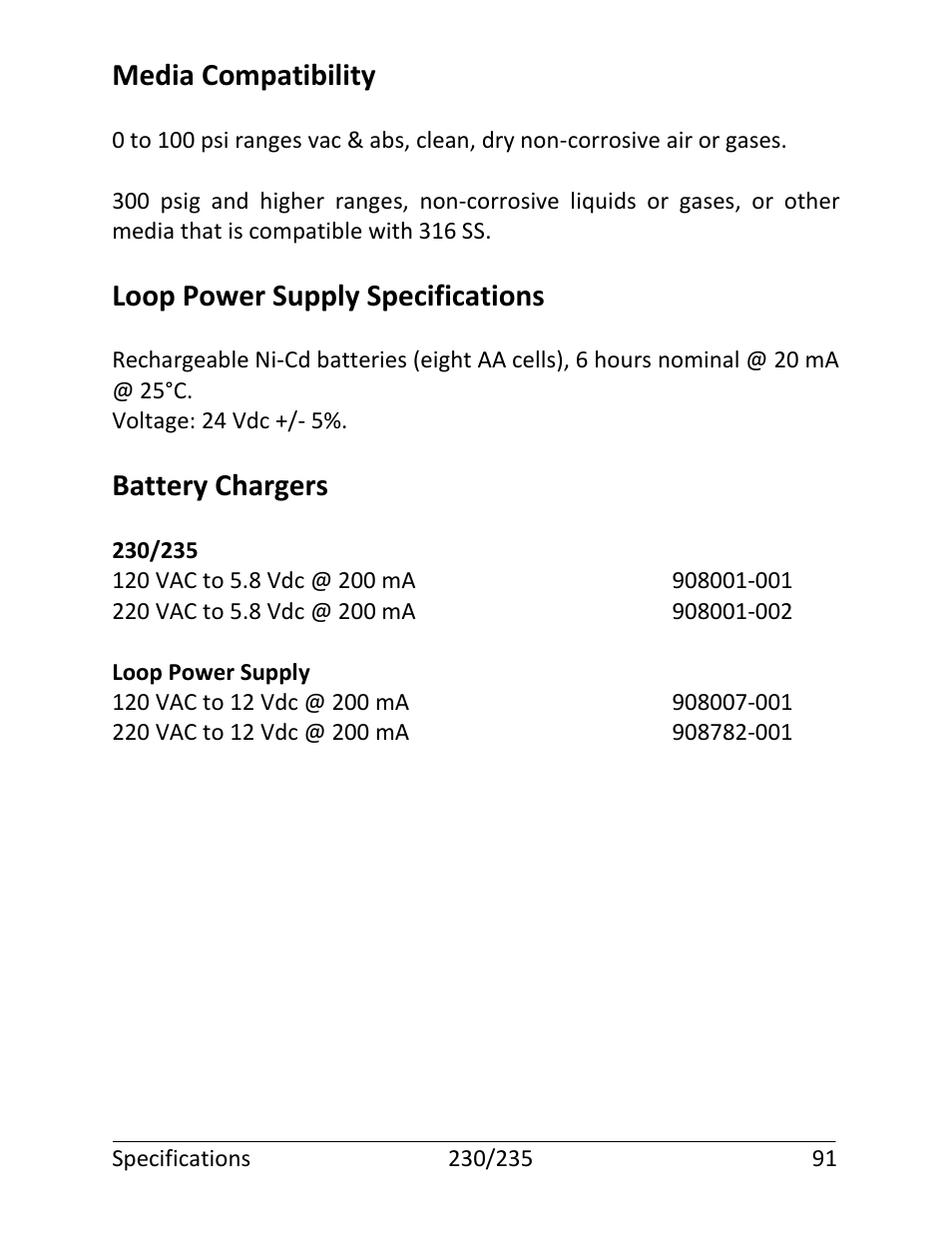 Media compatibility, Loop power supply specifications, Battery chargers | Martel Electronics 235 User Manual | Page 96 / 106