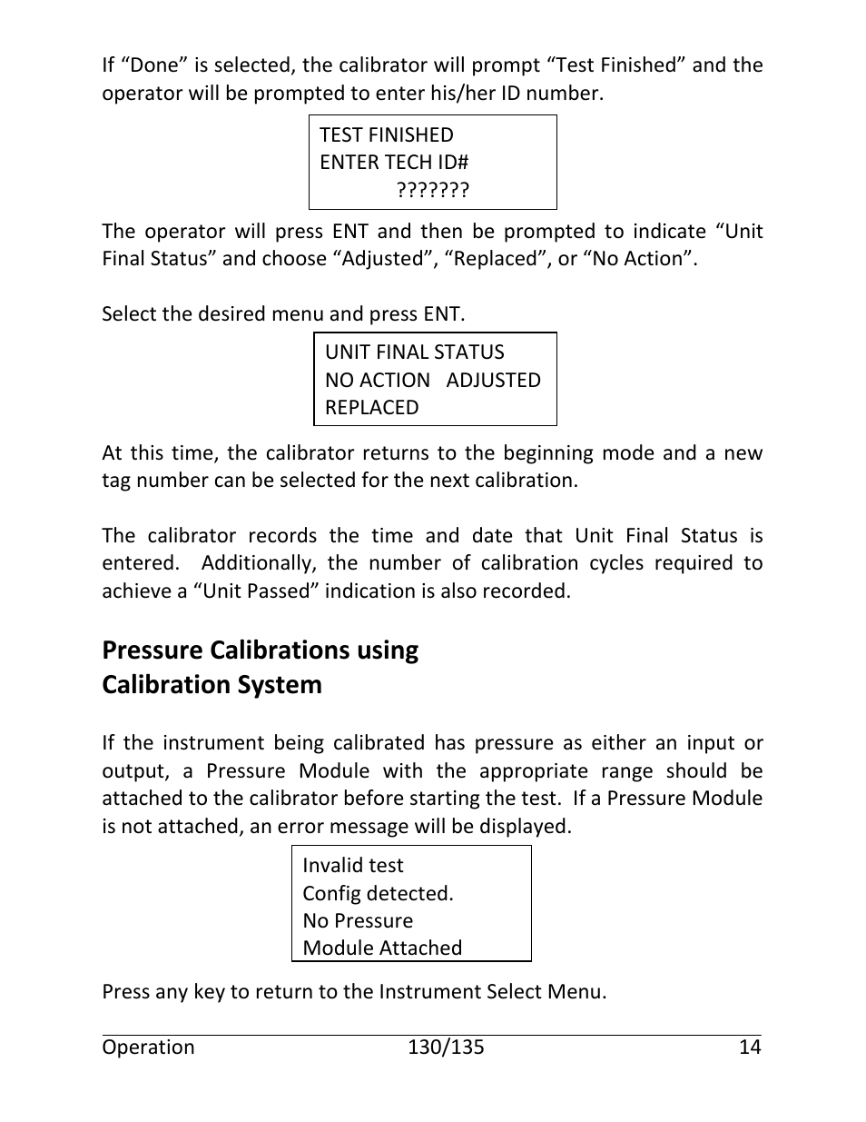 Pressure calibrations using calibration system | Martel Electronics 135 User Manual | Page 18 / 85