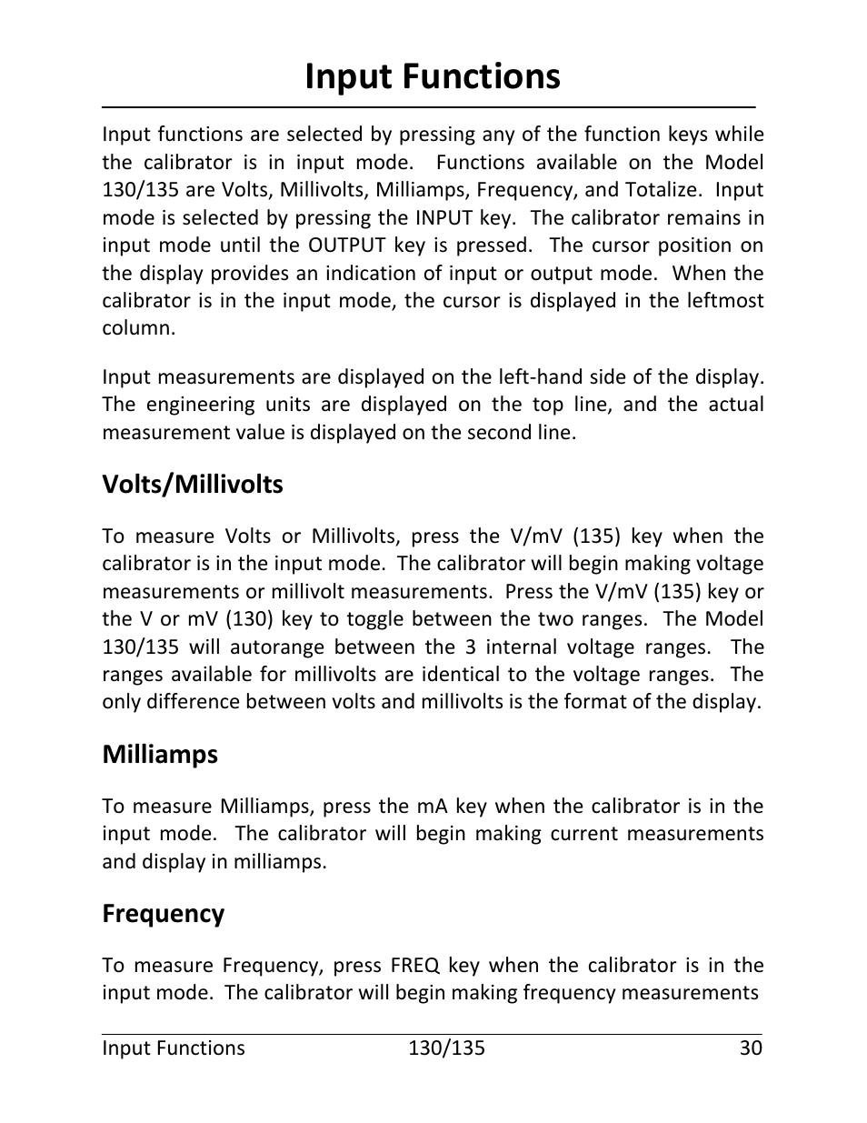 Input functions, Volts/millivolts, Milliamps | Frequency | Martel Electronics 135 User Manual | Page 34 / 85