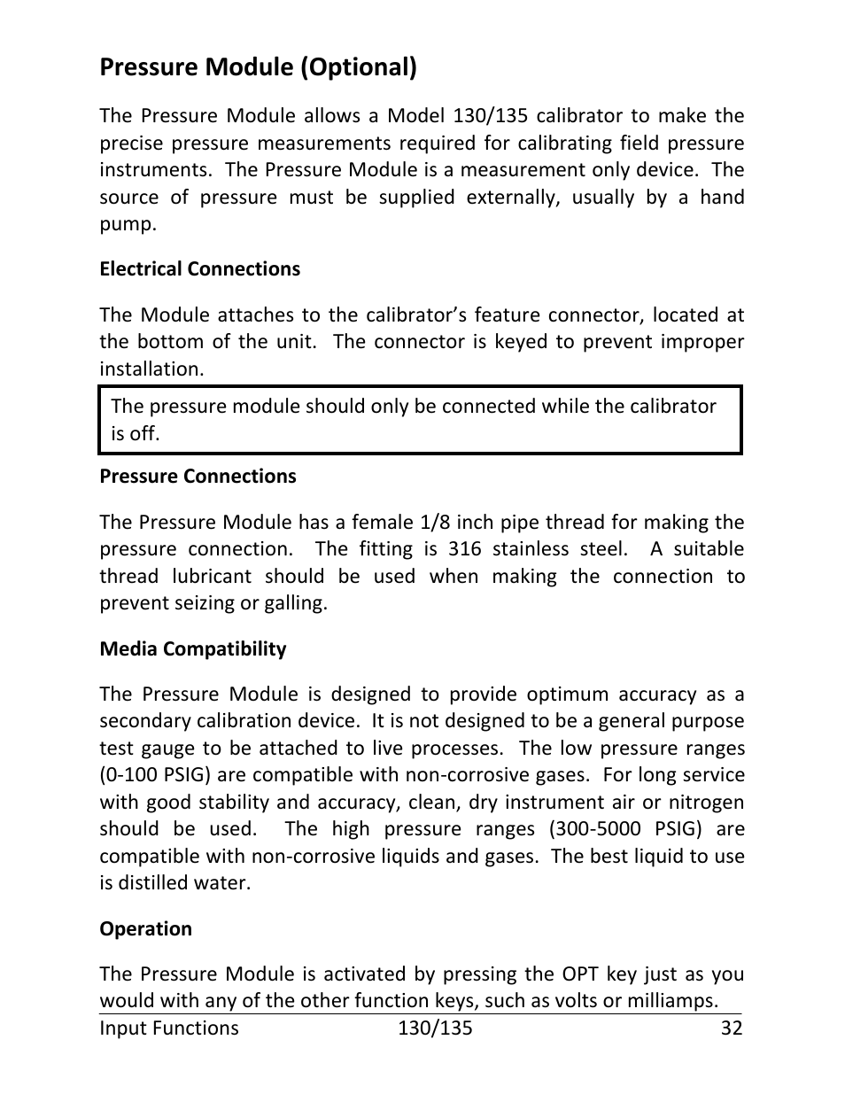 Pressure module (optional) | Martel Electronics 135 User Manual | Page 36 / 85