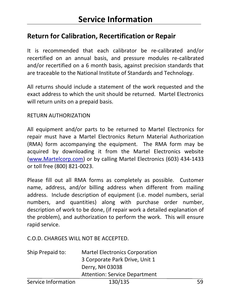 Service information, Return for calibration, recertification or repair | Martel Electronics 135 User Manual | Page 63 / 85