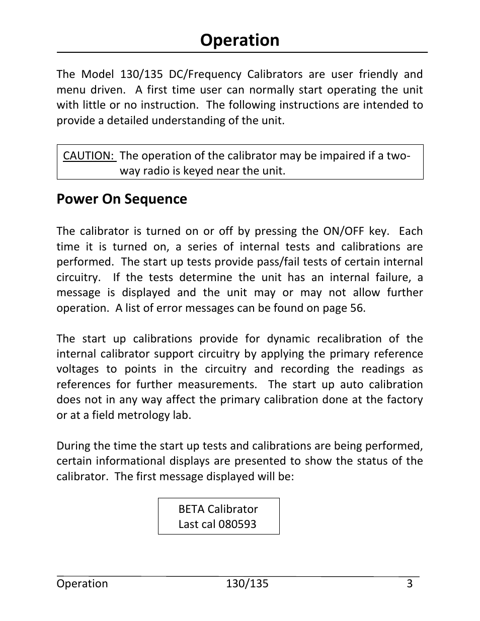 Operation, Power on sequence | Martel Electronics 135 User Manual | Page 7 / 85