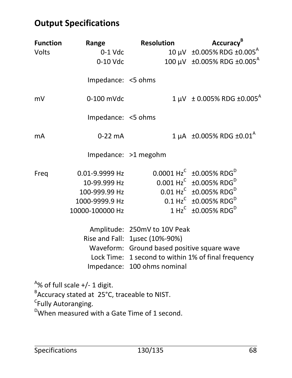 Output specifications | Martel Electronics 135 User Manual | Page 72 / 85