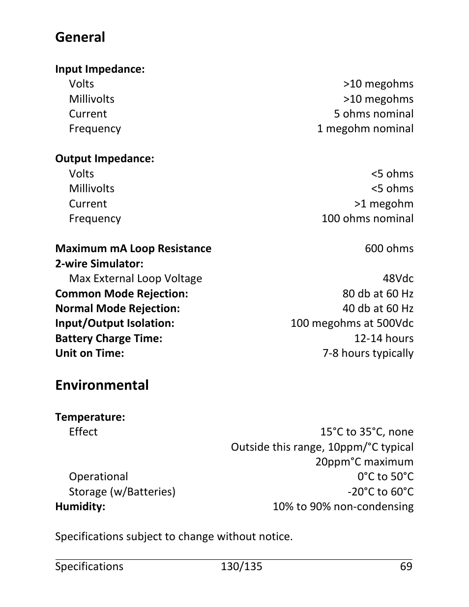 General, Environmental | Martel Electronics 135 User Manual | Page 73 / 85