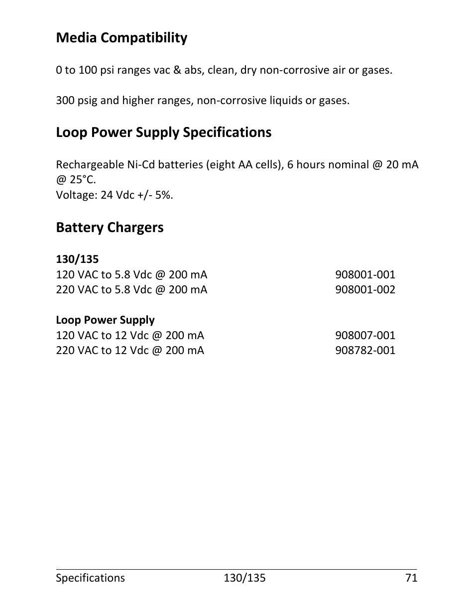 Media compatibility, Loop power supply specifications, Battery chargers | Martel Electronics 135 User Manual | Page 75 / 85