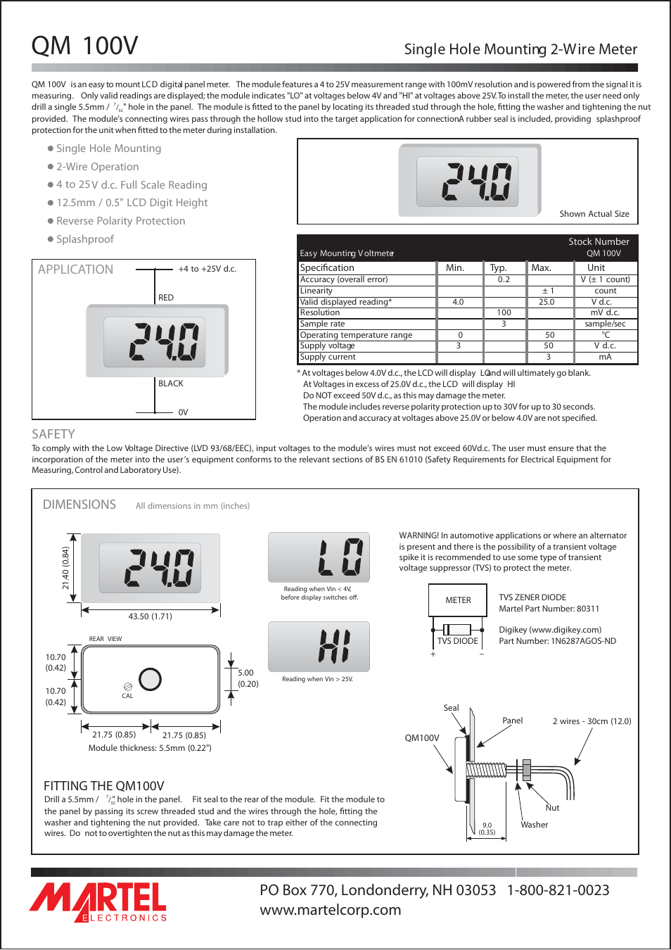 Martel Electronics QM100V User Manual | 1 page