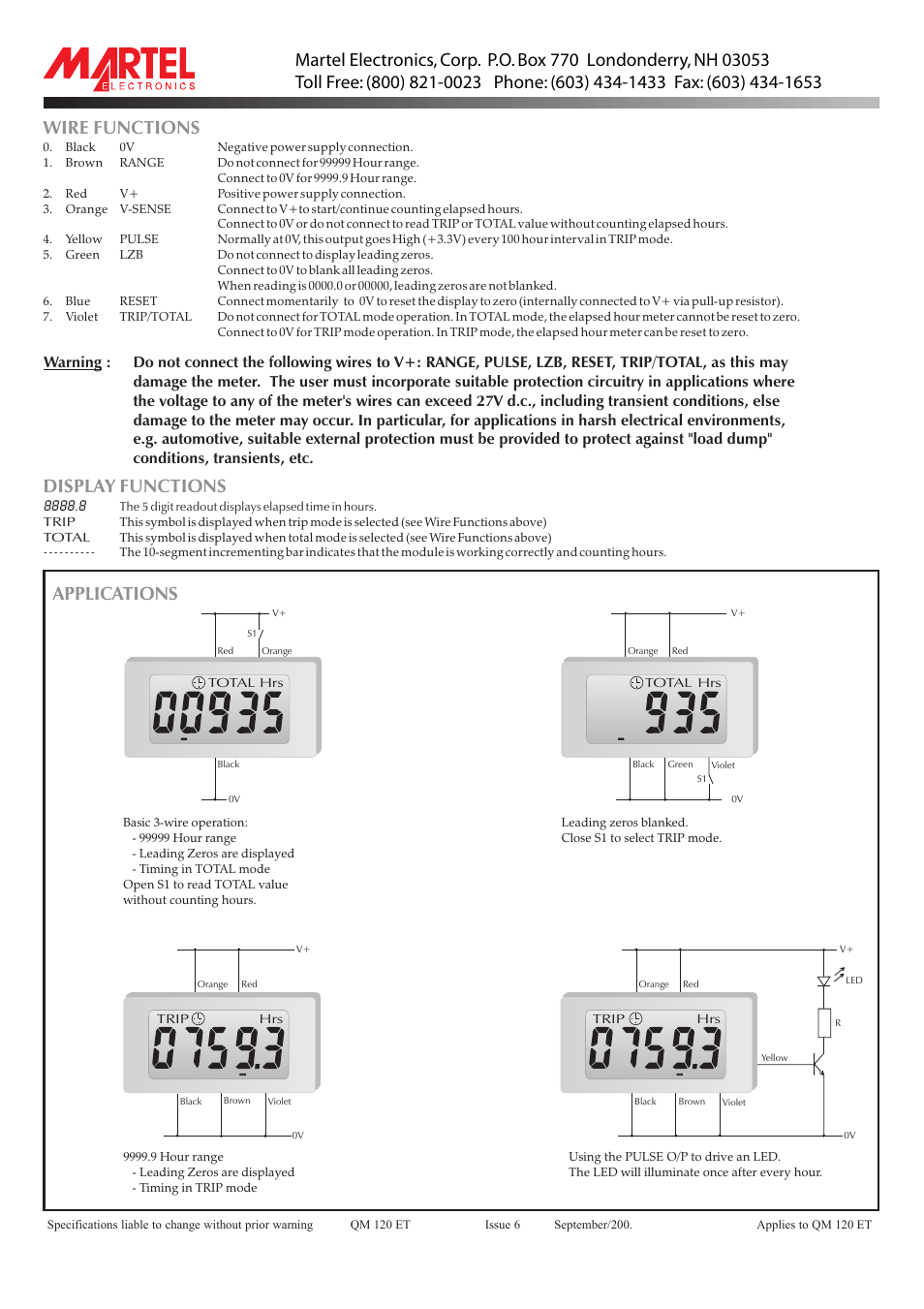 Wire functions, Applications, Display functions | Martel Electronics QM120ET User Manual | Page 2 / 2