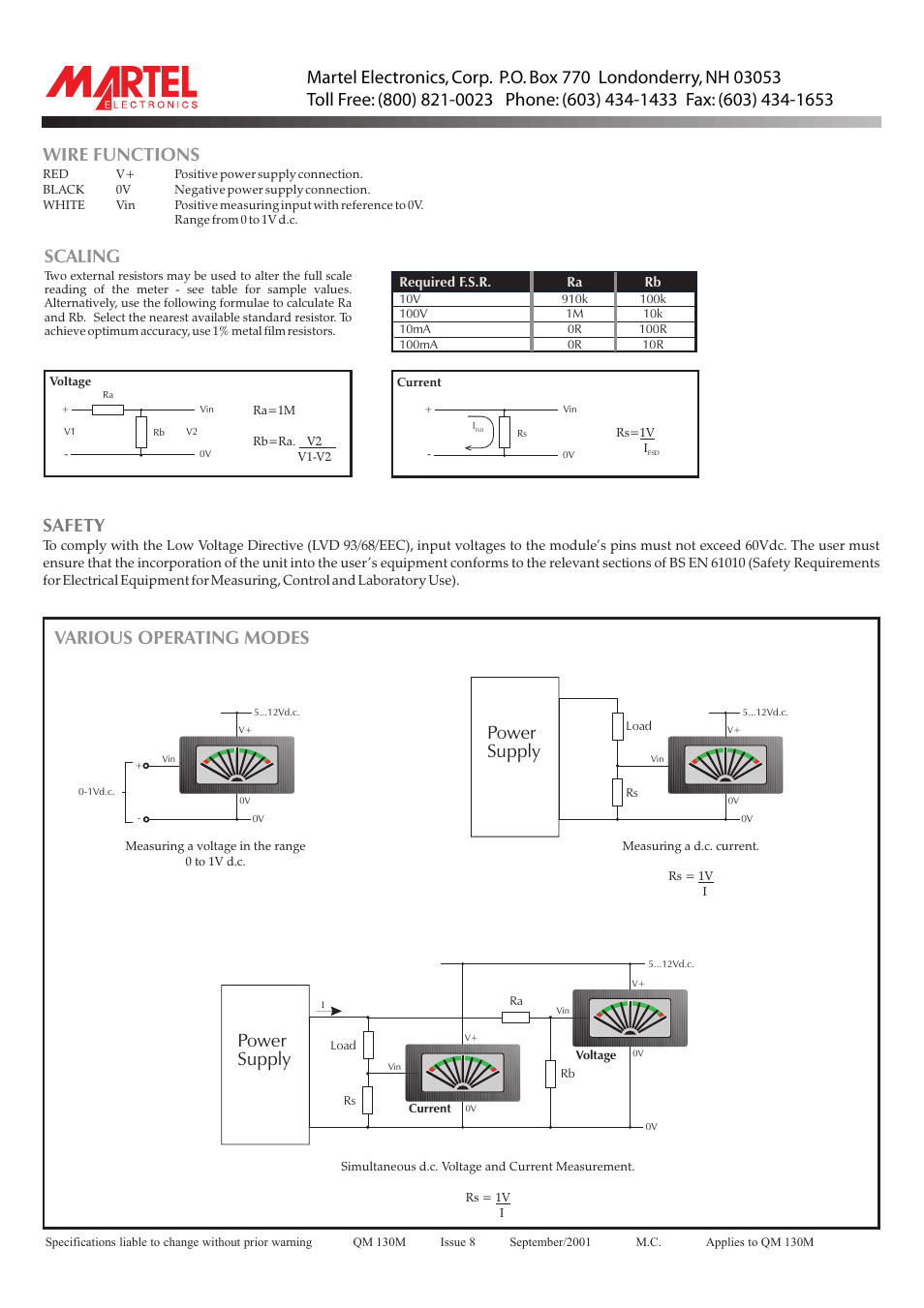 Wire functions, Safety, Various operating modes | Power supply, Scaling | Martel Electronics QM130M User Manual | Page 2 / 2