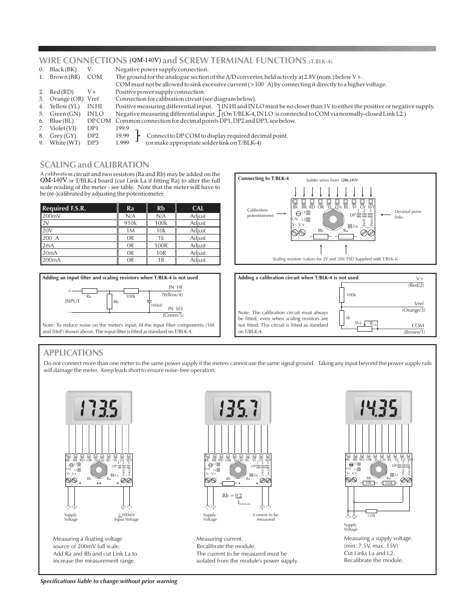 Wire connections and screw terminal functions, Scaling and calibration, Applications | Required f.s.r. ra rb cal | Martel Electronics QM140V User Manual | Page 2 / 2