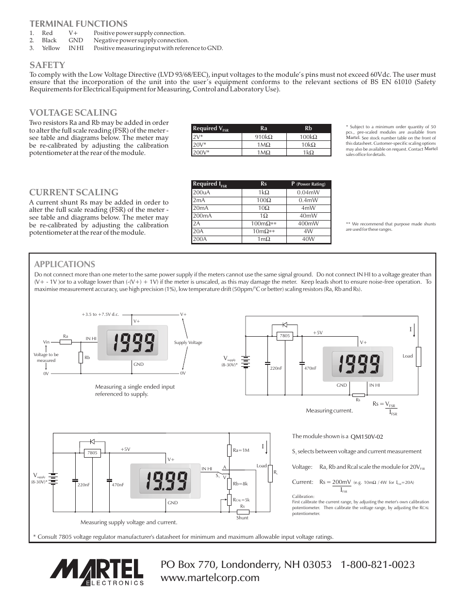 Terminal functions safety, Voltage scaling, Current scaling | Applications | Martel Electronics QM150V-01 User Manual | Page 2 / 2