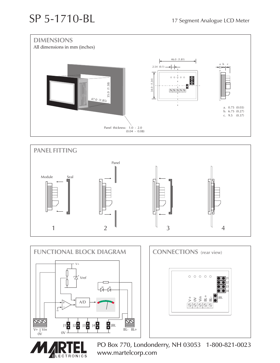 Dimensions, Panel fitting connections, Functional block diagram | 17 segment analogue lcd meter | Martel Electronics SP5-1710-BL User Manual | Page 2 / 4