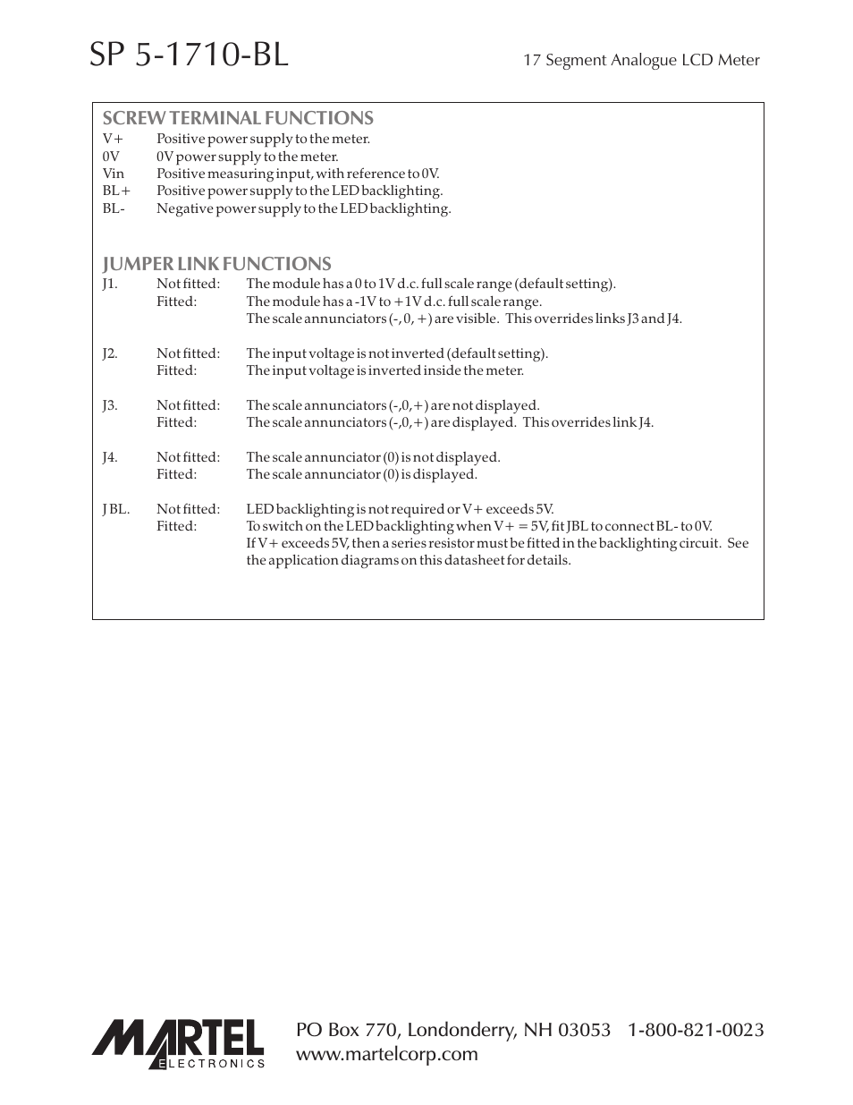 Screw terminal functions jumper link functions | Martel Electronics SP5-1710-BL User Manual | Page 3 / 4