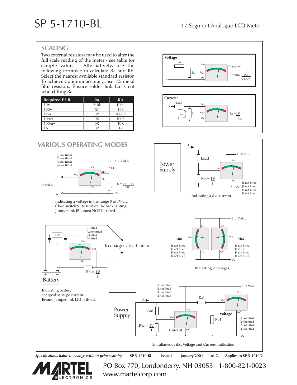 Various operating modes, Scaling, Power supply | Battery, 17 segment analogue lcd meter, Page 4 of 4 | Martel Electronics SP5-1710-BL User Manual | Page 4 / 4