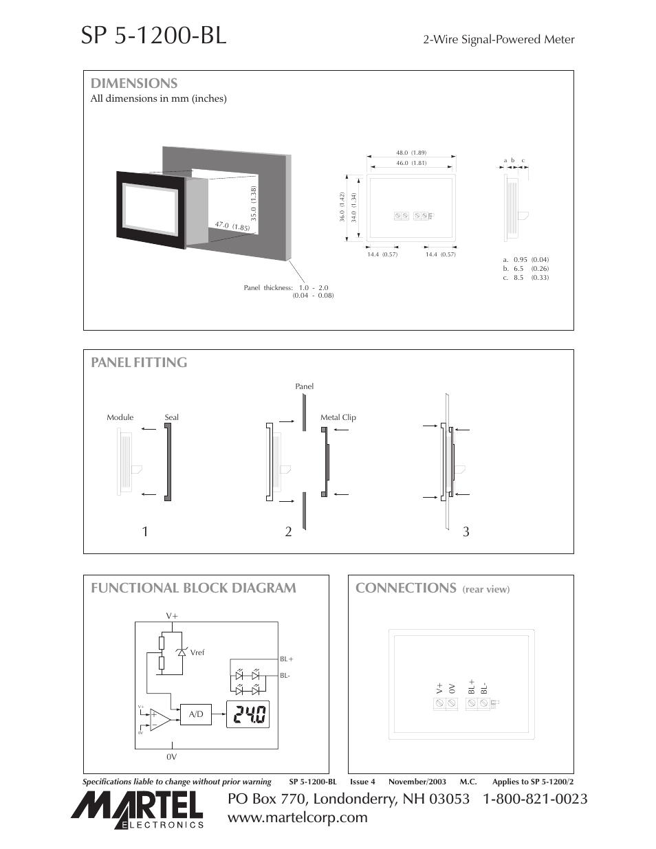 Dimensions, Panel fitting connections, Functional block diagram | Wire signal-powered meter | Martel Electronics SP5-1200-BL User Manual | Page 2 / 3