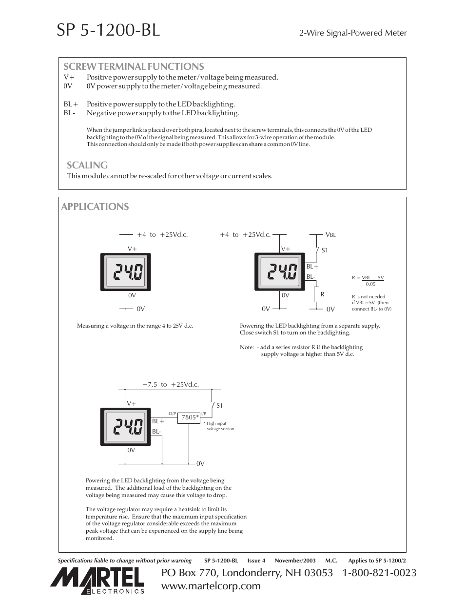 Screw terminal functions, Applications, Scaling | Wire signal-powered meter | Martel Electronics SP5-1200-BL User Manual | Page 3 / 3