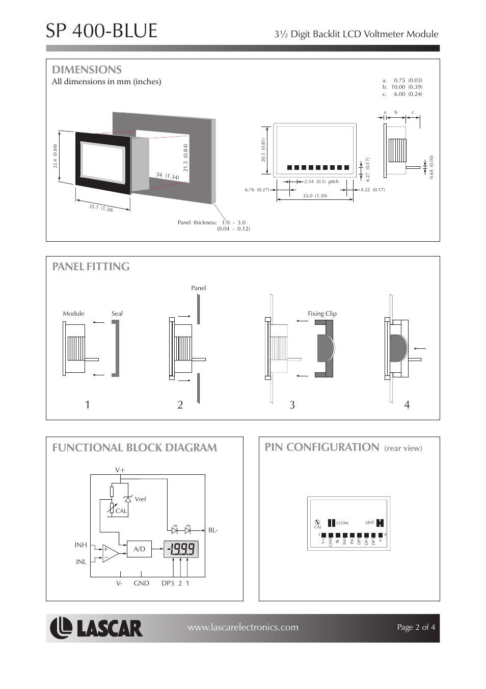 Sp 400-blue, Dimensions, Panel fitting pin configuration | Functional block diagram, 3½ digit backlit lcd voltmeter module, All dimensions in mm (inches), Rear view), Page 2 of 4 | Martel Electronics SP400-BLUE User Manual | Page 2 / 4
