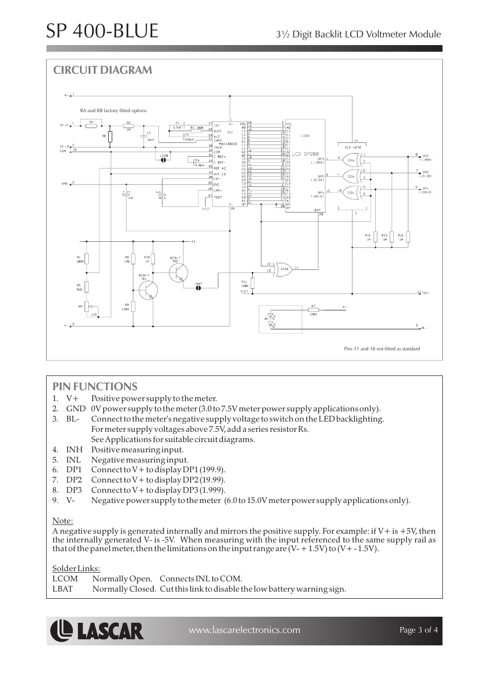 Sp 400-blue, Pin functions, Circuit diagram | Martel Electronics SP400-BLUE User Manual | Page 3 / 4