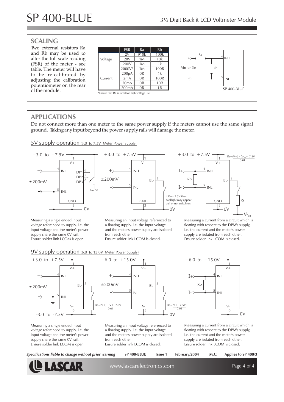 Sp 400-blue, Applications, Scaling | 5v supply operation, 9v supply operation, 3½ digit backlit lcd voltmeter module | Martel Electronics SP400-BLUE User Manual | Page 4 / 4