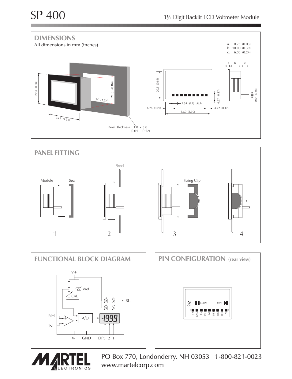 Sp 400, Dimensions, Panel fitting pin configuration | Functional block diagram, 3½ digit backlit lcd voltmeter module | Martel Electronics SP400 User Manual | Page 2 / 4