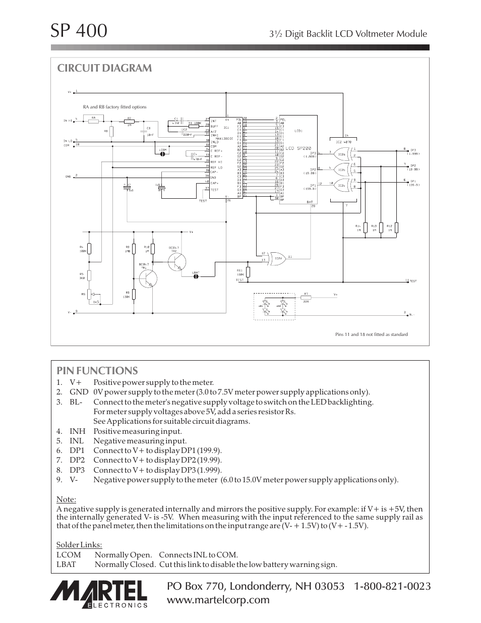 Sp 400, Pin functions, Circuit diagram | Martel Electronics SP400 User Manual | Page 3 / 4