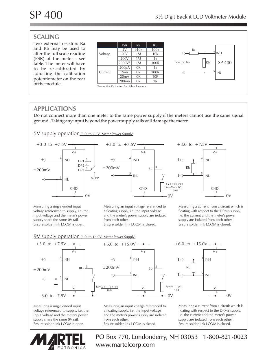 Sp 400, Applications, Scaling | 3½ digit backlit lcd voltmeter module, 5v supply operation, 9v supply operation | Martel Electronics SP400 User Manual | Page 4 / 4