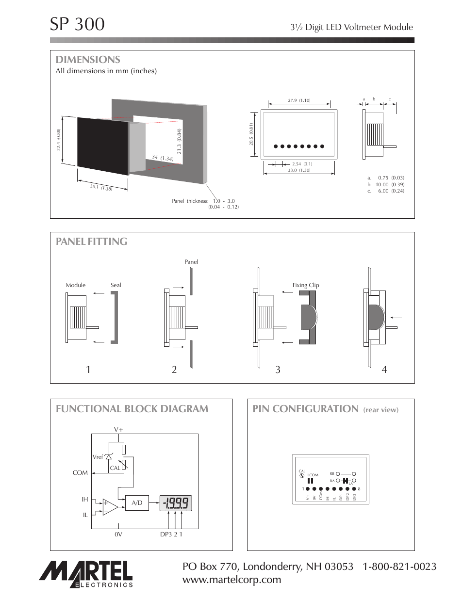 Sp 300, Dimensions, Panel fitting pin configuration | Functional block diagram, 3½ digit led voltmeter module | Martel Electronics SP300 User Manual | Page 2 / 4