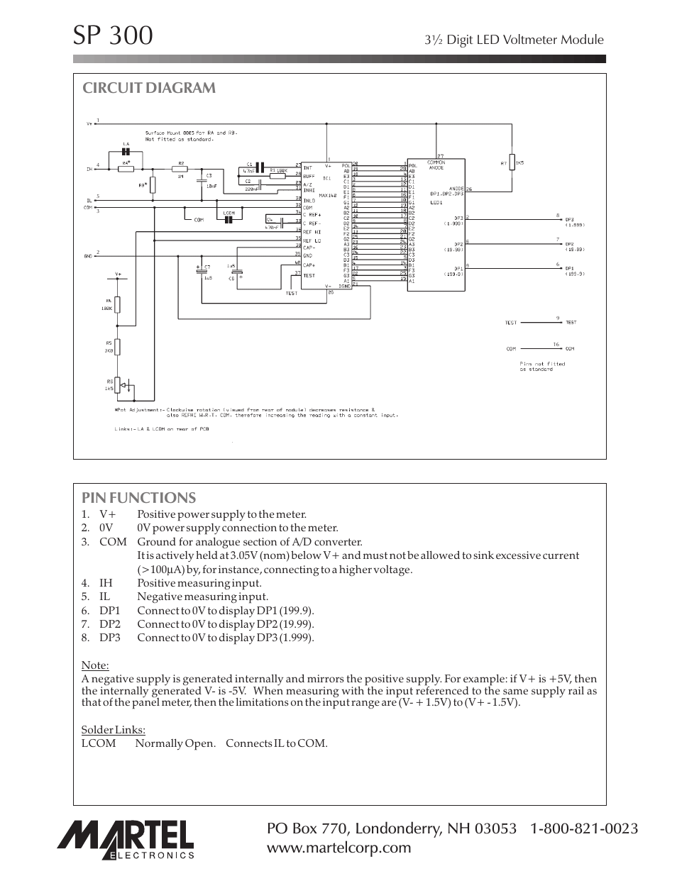 Sp 300, Pin functions, Circuit diagram | Martel Electronics SP300 User Manual | Page 3 / 4