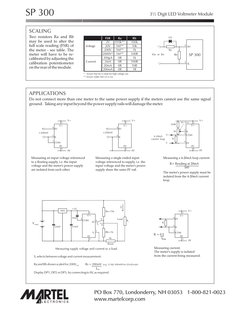 Sp 300, Applications, Scaling | 3½ digit led voltmeter module, Page 4 of 4 | Martel Electronics SP300 User Manual | Page 4 / 4