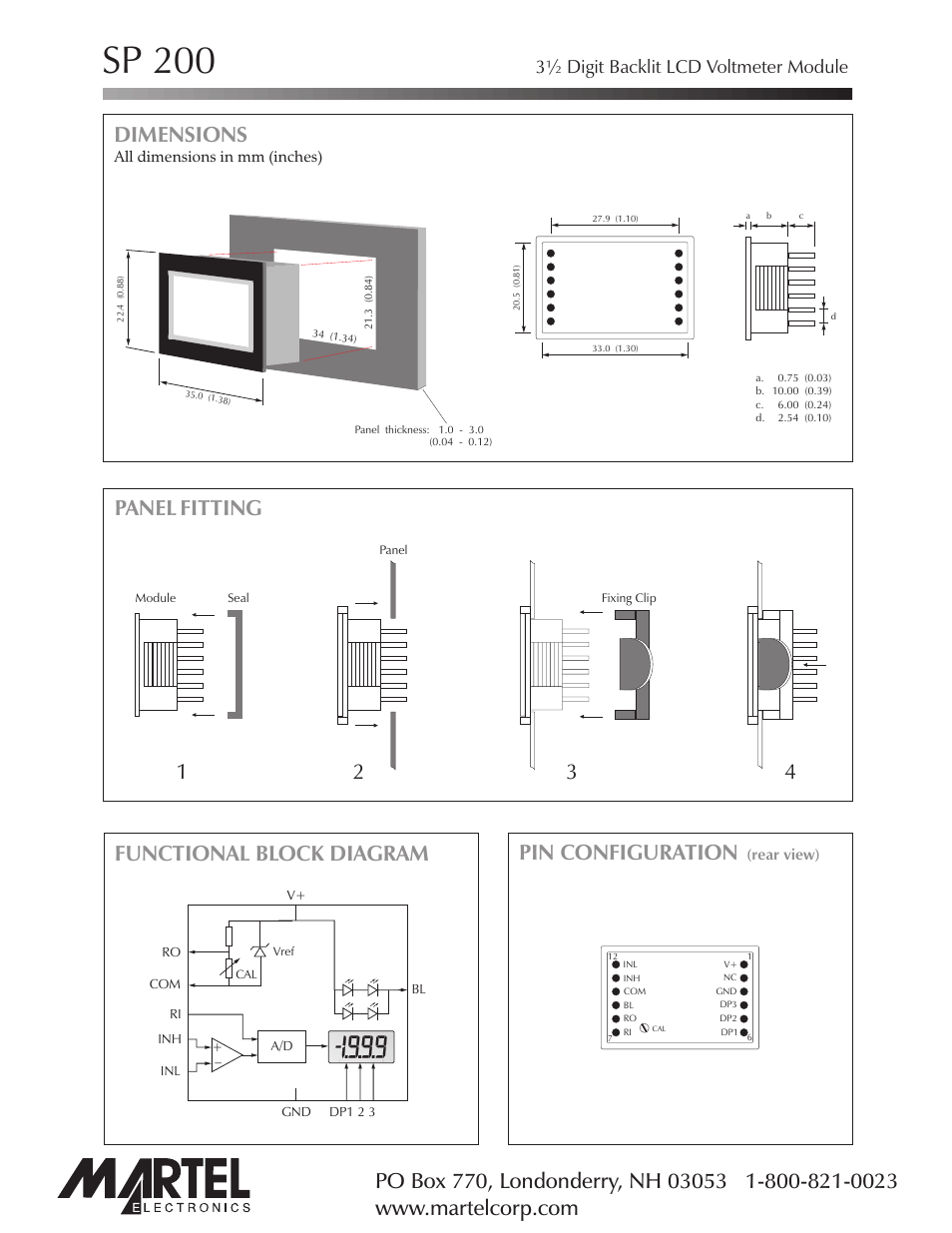 Sp 200, Dimensions, Panel fitting pin configuration | Functional block diagram, 3½ digit backlit lcd voltmeter module | Martel Electronics SP200 User Manual | Page 2 / 4