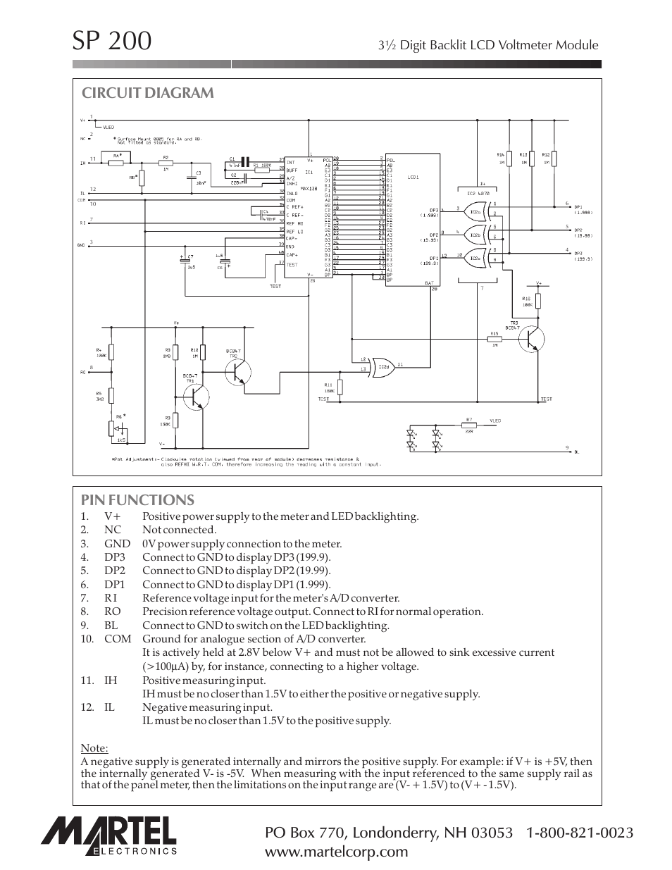 Sp 200, Pin functions, Circuit diagram | 3½ digit backlit lcd voltmeter module | Martel Electronics SP200 User Manual | Page 3 / 4