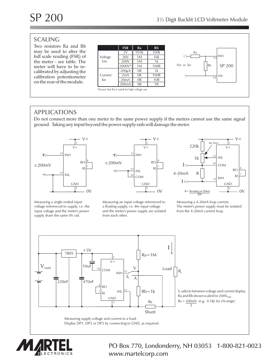 Sp 200, Applications, Scaling | 3½ digit backlit lcd voltmeter module | Martel Electronics SP200 User Manual | Page 4 / 4
