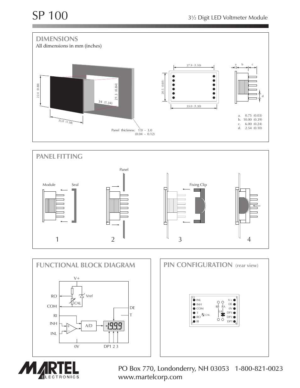 Sp 100, Dimensions, Panel fitting pin configuration | Functional block diagram, 3½ digit led voltmeter module | Martel Electronics SP100 User Manual | Page 2 / 4