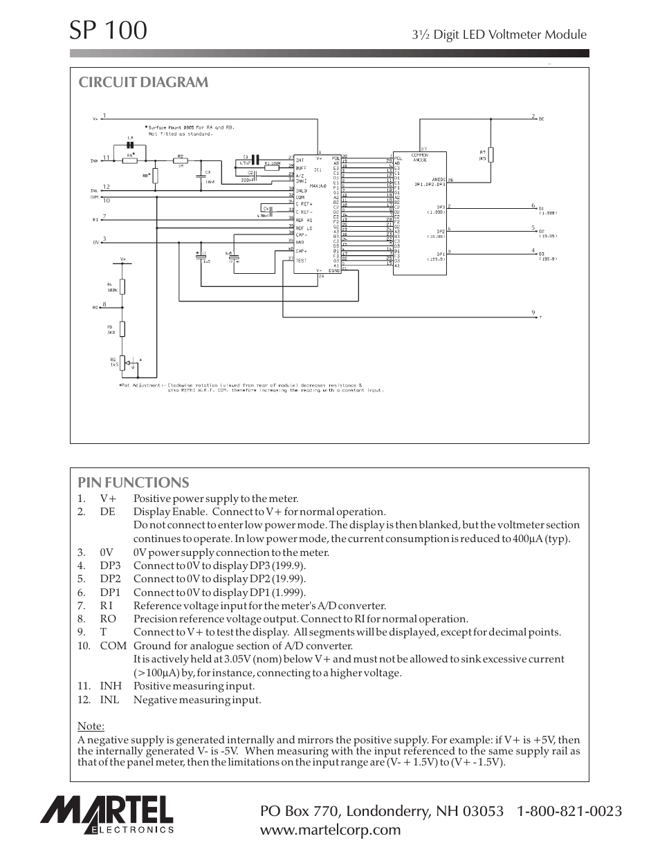 Sp 100, Pin functions, Circuit diagram | 3½ digit led voltmeter module | Martel Electronics SP100 User Manual | Page 3 / 4