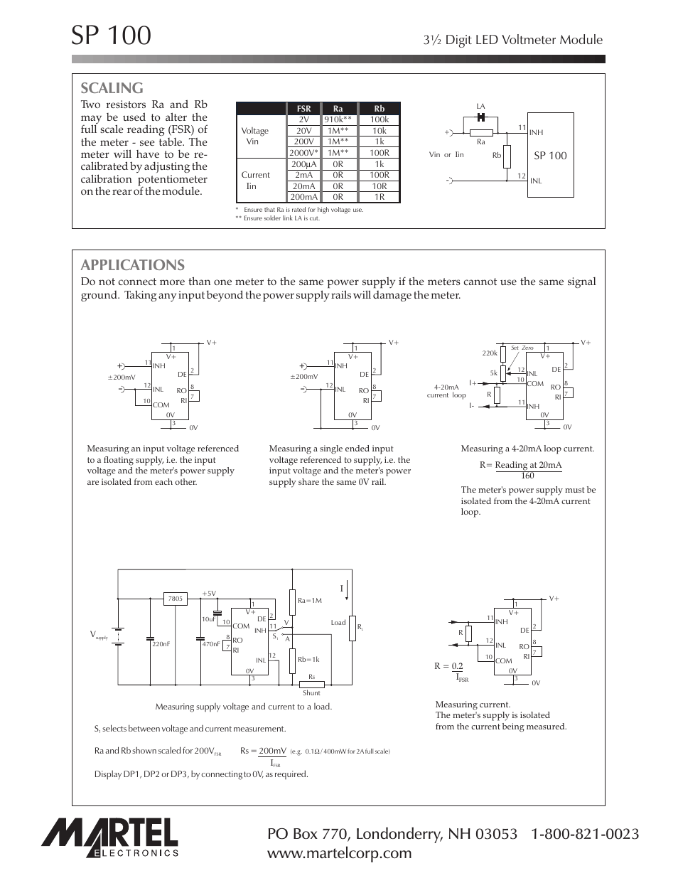 Sp 100, Applications, Scaling | 3½ digit led voltmeter module, Page 4 of 4 | Martel Electronics SP100 User Manual | Page 4 / 4