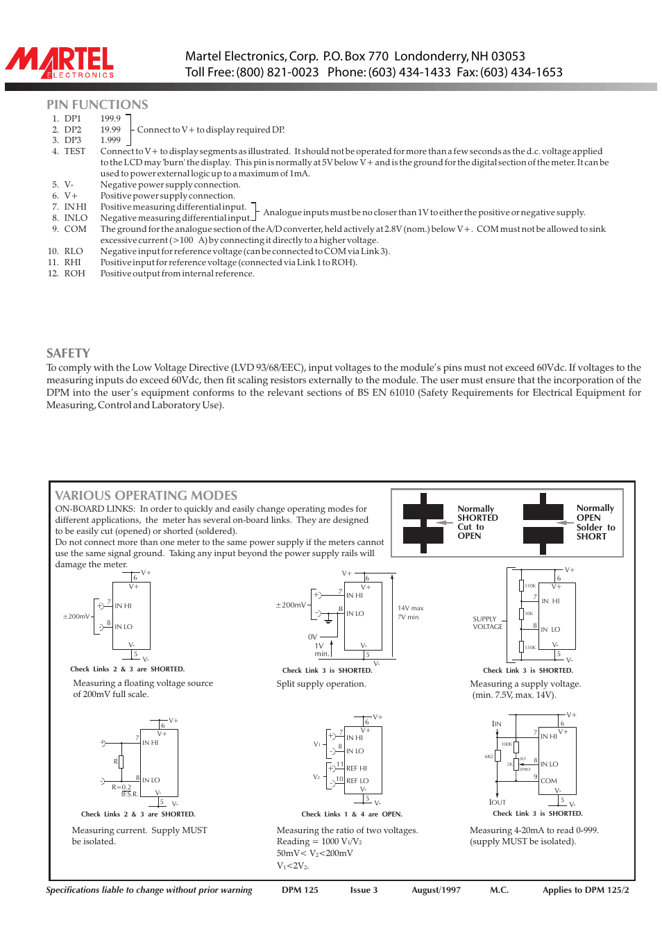 Pin functions, Safety various operating modes | Martel Electronics DPM125 User Manual | Page 2 / 2